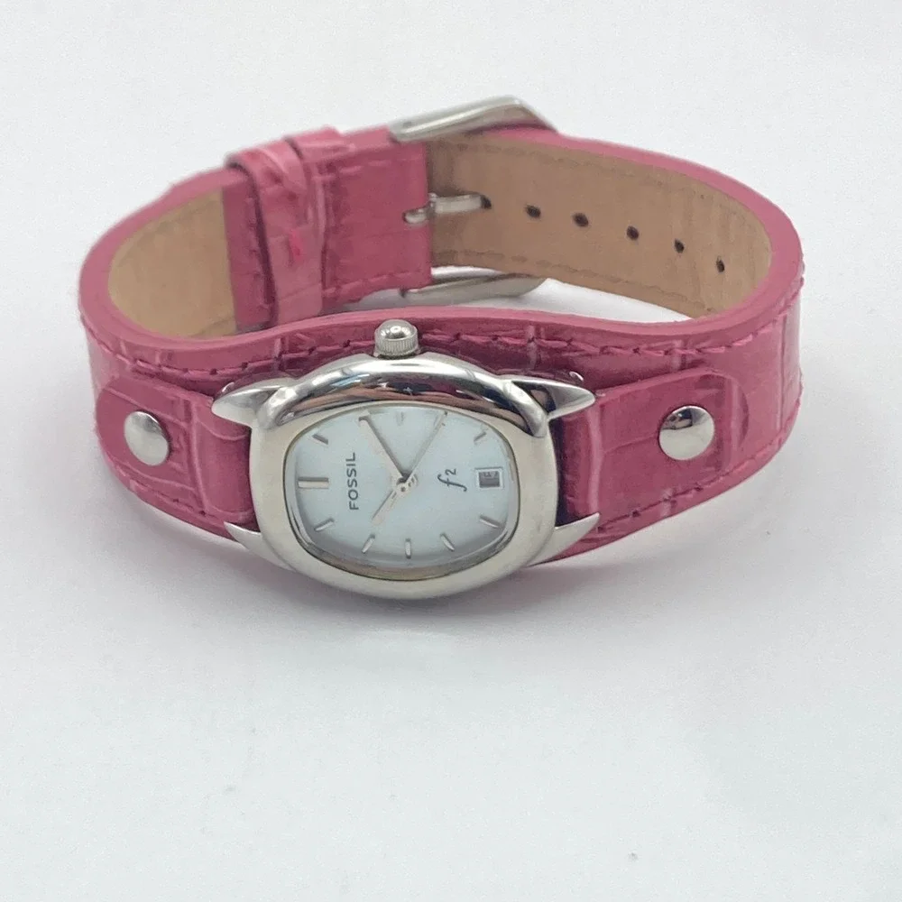 Fossil F2 Women's Watch 23mm Silver Tone Date Pink Leather Cuff MOP New Battery